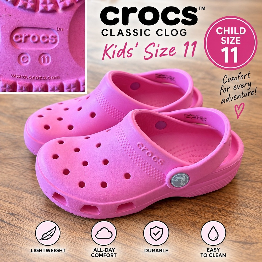 Crocs Classic Clog Kids Size 11 Pink Slip On Water Shoes Sandals 204536-6GD